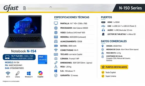 Notebook Gfast 14  N-154 Celn4020 4gb Ram /120ssd Win11 Gris