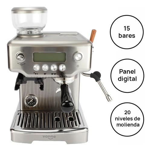 Cafetera Expreso Molinillo Regulable 15 Bares Digital Inox Gris