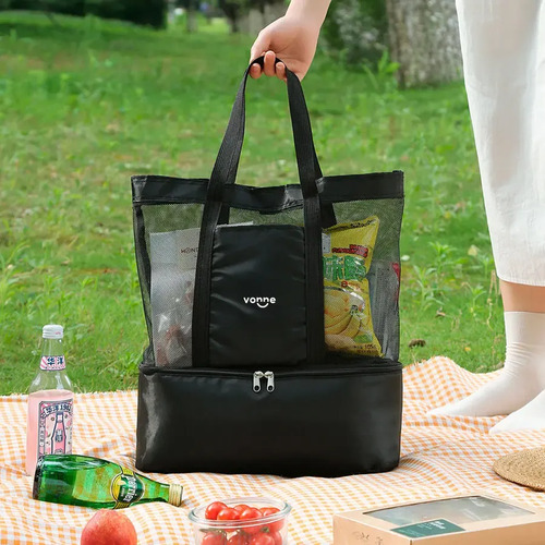 Bolso Playero Con Conservadora Termica Negro Negro