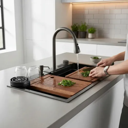 Pileta Bacha De Cocina Inteligente Multifunción Acero Gris