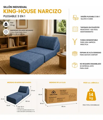 Sillon Individual King-house Narcizo Plegable 3 En 1 En Caja Azul