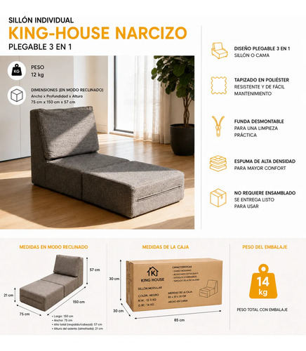 Sillon Individual King-house Narcizo Plegable 3 En 1 En Caja Negro Liso