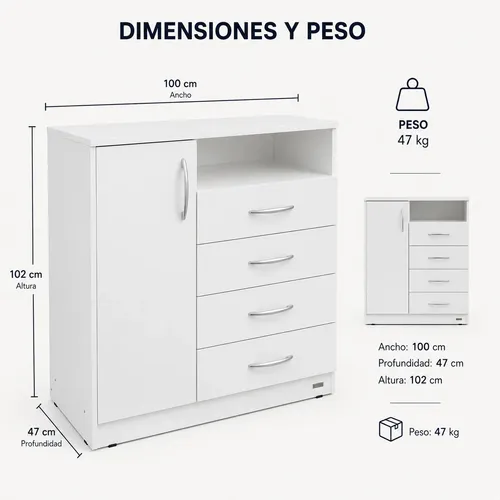 Cajonera Chifonier Platinum 4 Cajones / 1 Puerta Blanca Blanco