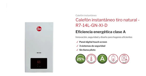 Calefon Rheem 14 Litros Gas Natural Control Temperatura Blanco Gn