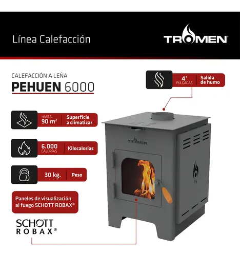 Calefactor A Leña Tromen Pehuen 6000 Kcal Doble Combustión 65m²