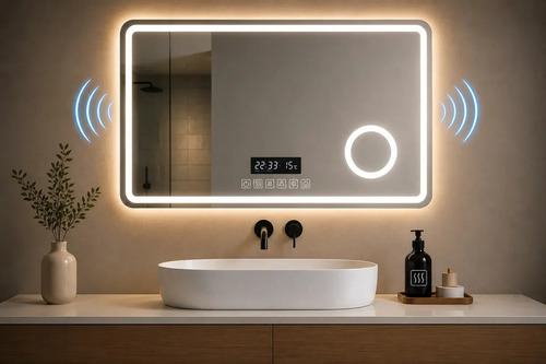 Espejo Led Baño Rectangular 50x70 Bluetooth Desempañador Plata