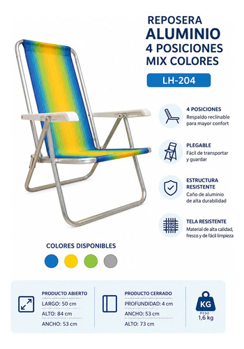 Reposera Aluminio Luxury Home 4 Pos. Coversol Mix Colores Mix Colores