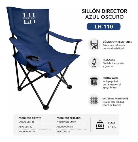 Sillon  Luxury Home Plegable C/apoya Vasos Azul Oscuro Azul Liso