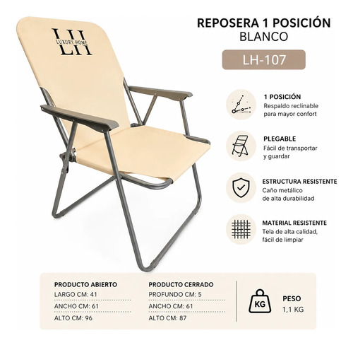Reposera Caño Luxury Home 1 Pos. Resplado Alto Tela Blanca Blanco/beige