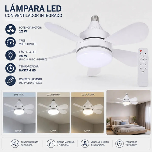 Ventilador De Techo Con Luz 3 Niveles Y Control Remoto E27 Marca Etheos 40 Cm Blanco 6