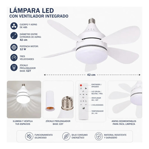 Ventilador De Techo Con Luz 3 Niveles Y Control Remoto E27 Marca Etheos 40 Cm Blanco 6