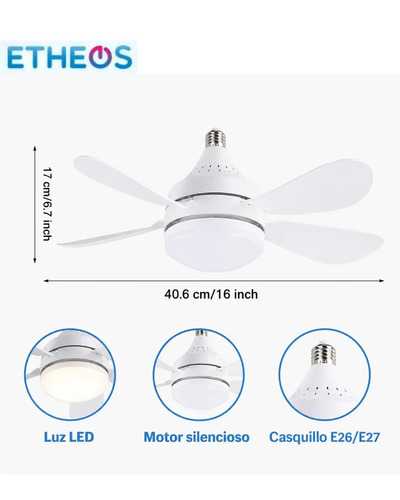 Ventilador De Techo Con Luz 3 Niveles Y Control Remoto E27 Marca Etheos 40 Cm Blanco 6