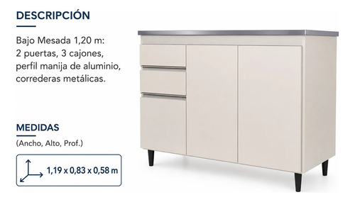 Bajo Mesada 1.20 X 0.58 Melamina Platinum 2p 3c  Blanco Blanco Veta