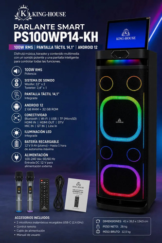 Parlante Portatil King-house 100w C/pantalla 14.1 Tactil Negro