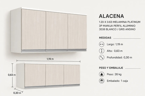 Alacena 1.20 X 0.63 Melamina Platinum 3p Blanco/ Gris Andino