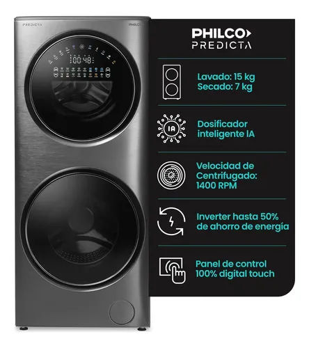Torre De Lavado Inverter Lavasecarropas Philco Carga Frontal 15kg/7kg Dark Gray Gris Oscuro