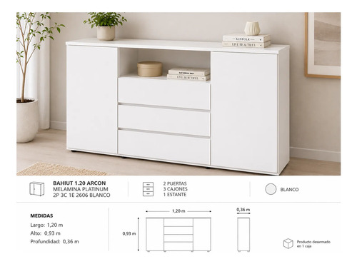 Bahiut 1.20 Arcon Melamina Platinum 2p 3c 1e  Blanco Blanco