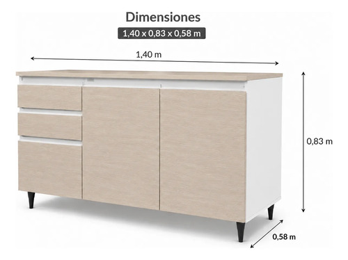 Bajo Mesada 1.40 X 0.58 Melamina Platinum 2p 3c Gris Andino/blanco
