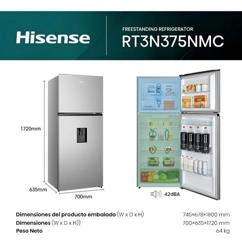 Heladera Inverter Hisense Con Freezer No Frost 379l Con Dispenser De Agua Gris