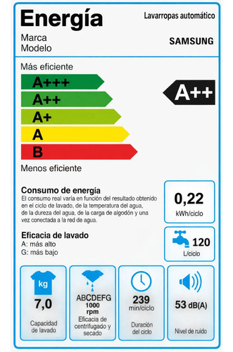 Lavarropa Samsung  7 Kg 1000rpm C/fron Invert Blanco Blanco