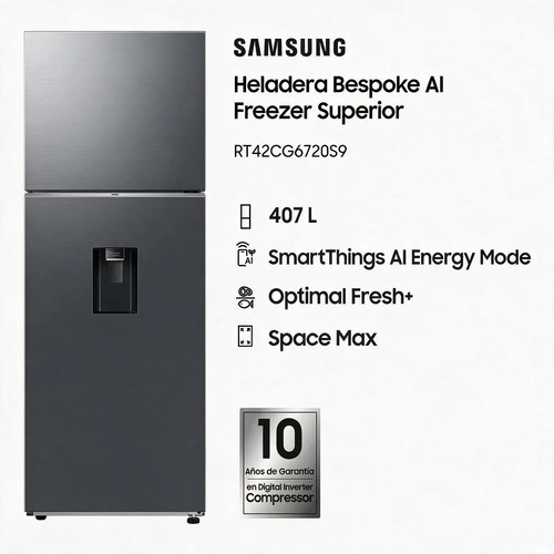 Heladera Samsung  Inverter 407 L Inox Dispenser Inox