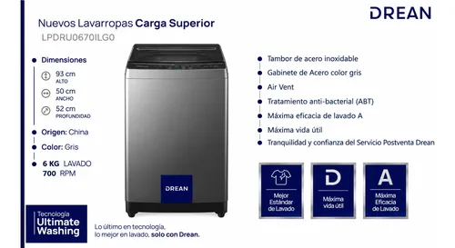 Lavarropa Drean 5.5kg 700rpm C/sup Gris Negro